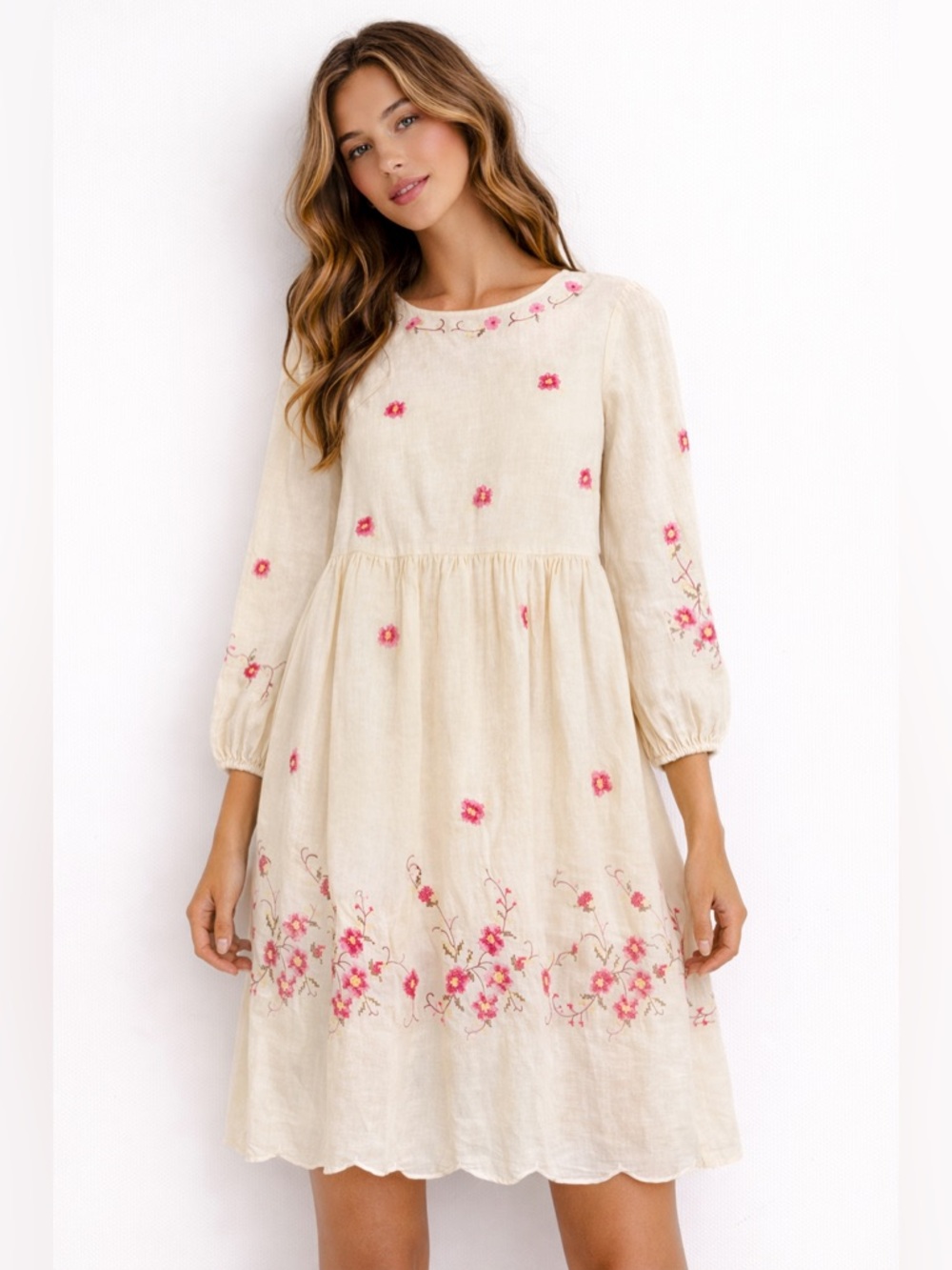 s1. Boho Cream Floral Embroidered Midi Dress - Elegant Boho Style Lineen Blend
